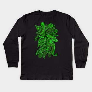 Abstract Zentangle Swirls Design (green on black) Kids Long Sleeve T-Shirt